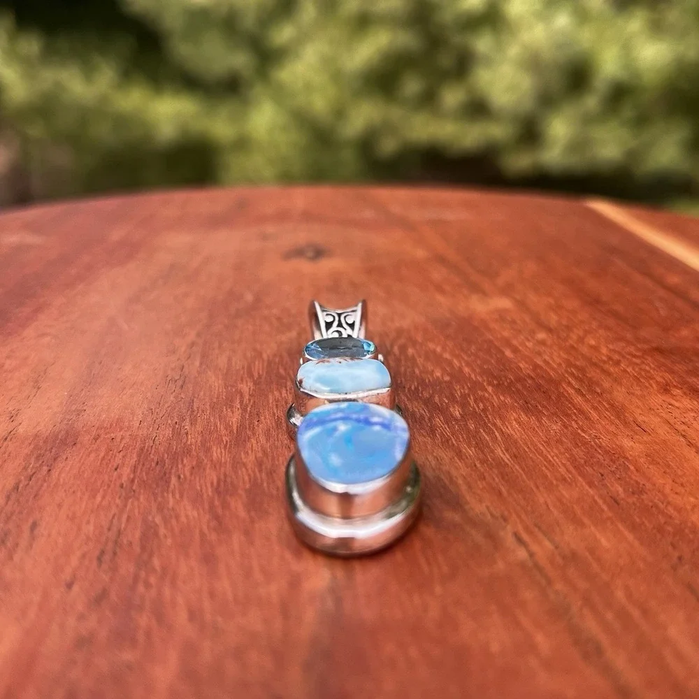 Southwestern 3-Stone Pendant Sterling‎ Silver 925 Blue Topaz Larimar 2.25